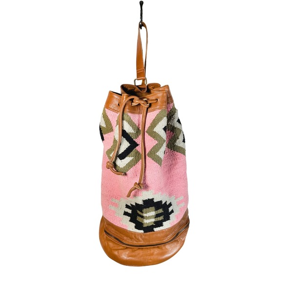 Ecote Handbags - Ecote Southwestern Tapestry Leather Duffle Bucket Bag Drawstring Pink Brown
